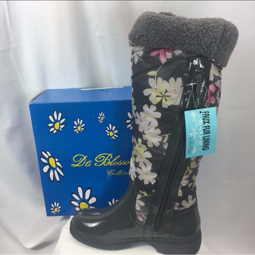 De Blossom Collection Black and Pink Floral Winter Boots